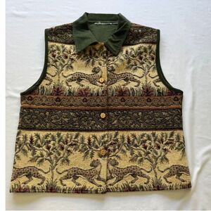 VTG Women's Tantrums Tapestry Corduroy Collared Vest Green Animal Print Large